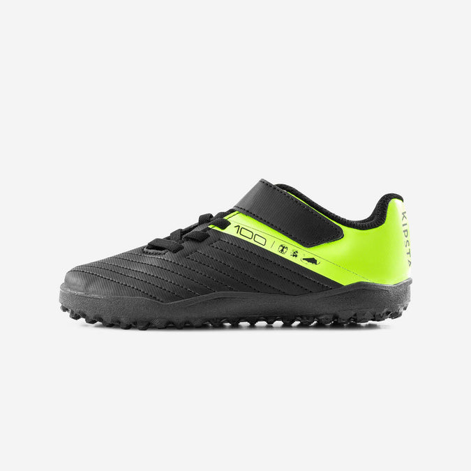 





CHAUSSURES DE FOOTBALL ENFANT A SCRATCH 100 EASY TURF TF NOIR ET JAUNE, photo 1 of 7