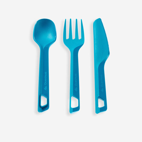 





Set 3 couverts (couteau, fourchette, cuillère) pour le camping en plastique bleu